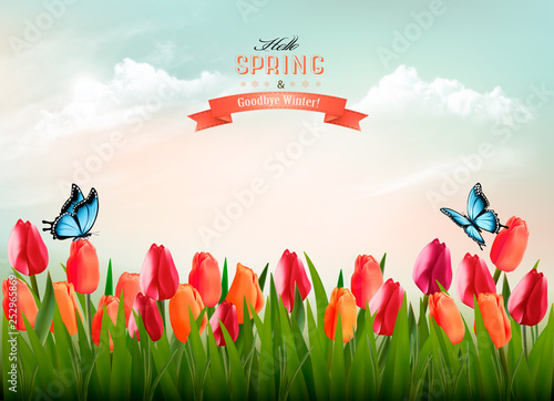Spring nature background with colorful flowers and a butterfly. Vector.