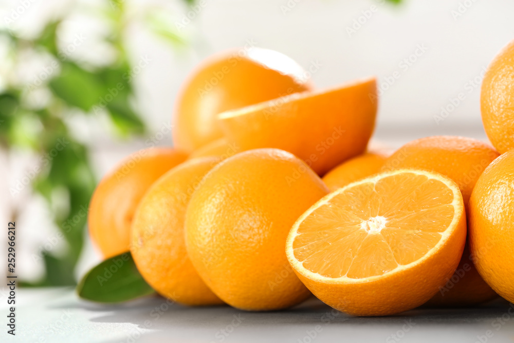 Fresh juicy oranges on table, space for text. Healthy fruits Fresh juicy oranges on table, space for text. Healthy fruits