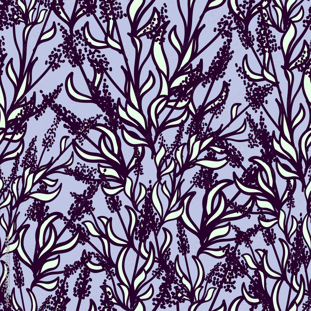 lavenders drawn in violet and white on a light blue background 