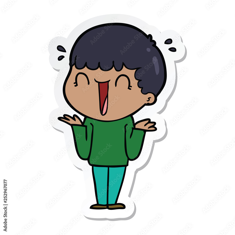 sticker of a laughing cartoon man shrugging shoulders sticker of a laughing cartoon man shrugging shoulders