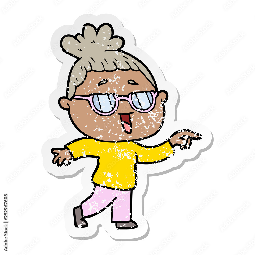 distressed sticker of a cartoon happy woman wearing spectacles distressed sticker of a cartoon happy woman wearing spectacles