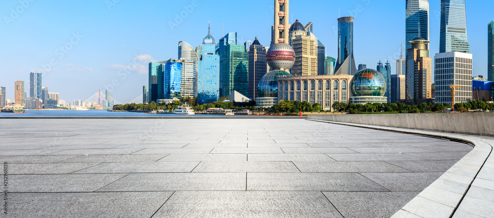 Shanghai Lujiazui financial district city scenery and empty square ground