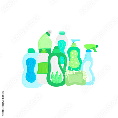 Eco friendly household cleaning supplies. Natural detergents. Products for house washing. Non chemical cleaners. Green home. Flat design. Banner, leaflet, brochure, lable, package. Vector illustration