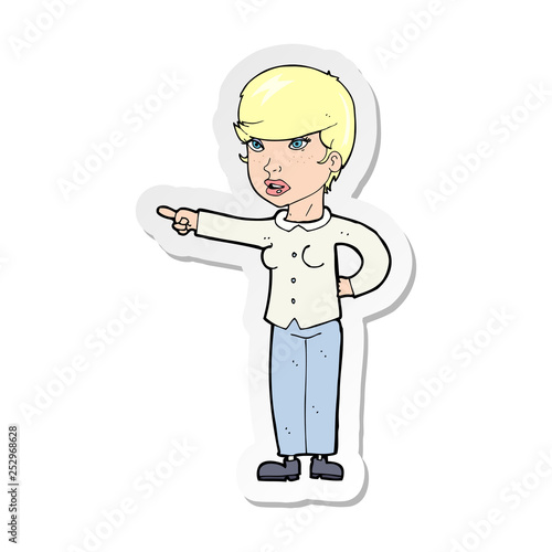 sticker of a cartoon woman pointing finger of blame