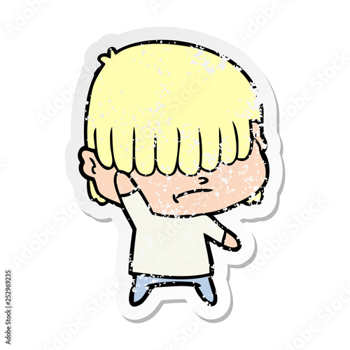 distressed sticker of a cartoon boy with untidy hair
