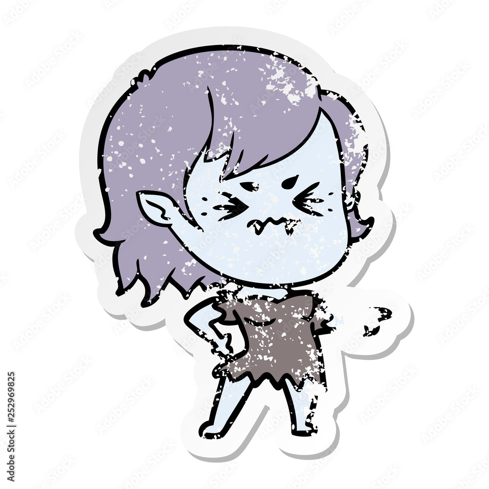 distressed sticker of a annoyed cartoon vampire girl distressed sticker of a annoyed cartoon vampire girl