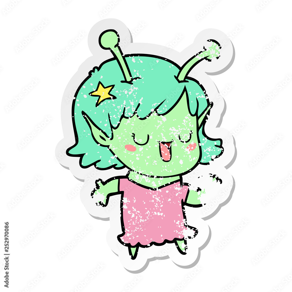 distressed sticker of a happy alien girl cartoon distressed sticker of a happy alien girl cartoon