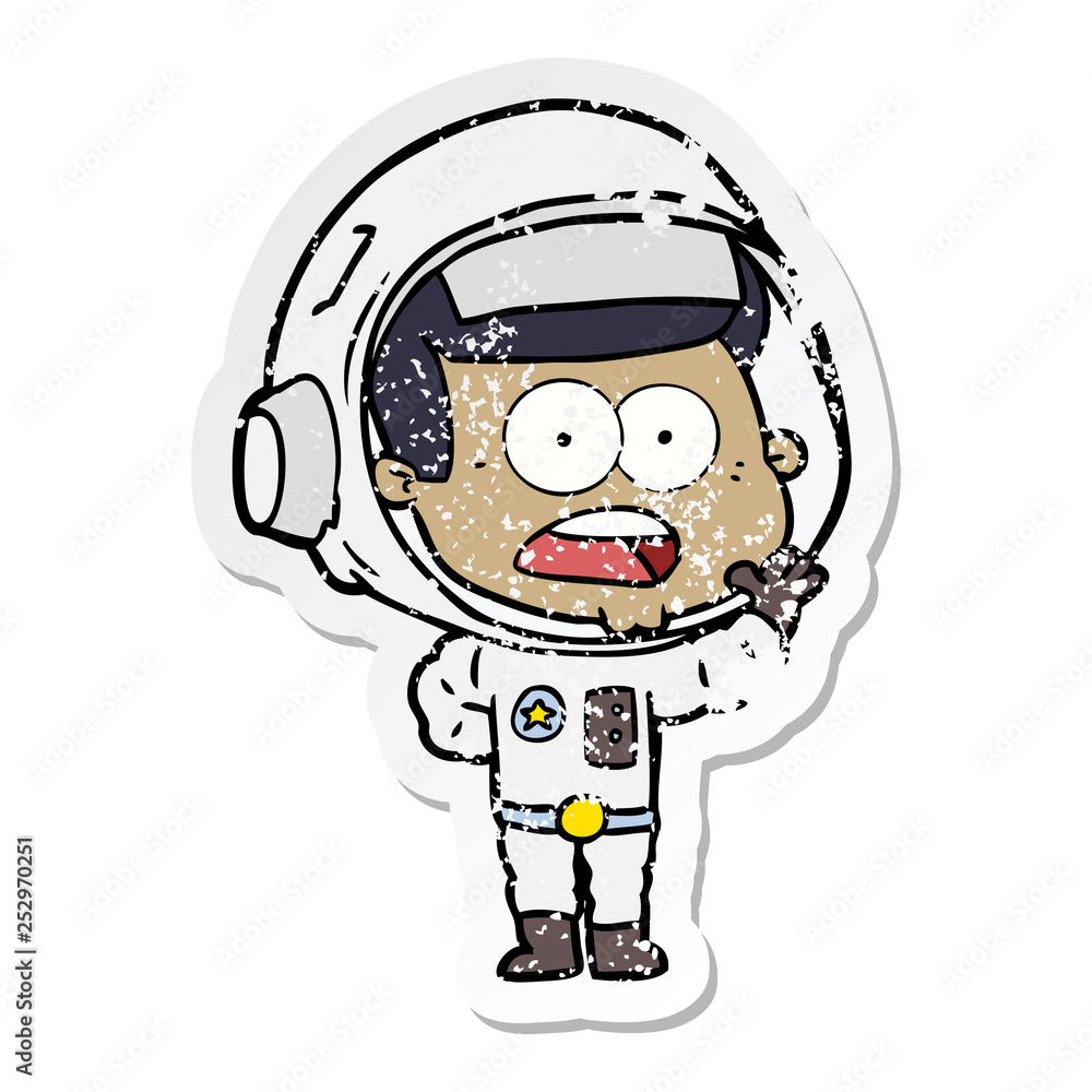 distressed sticker of a cartoon surprised astronaut