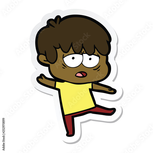 sticker of a cartoon exhausted boy