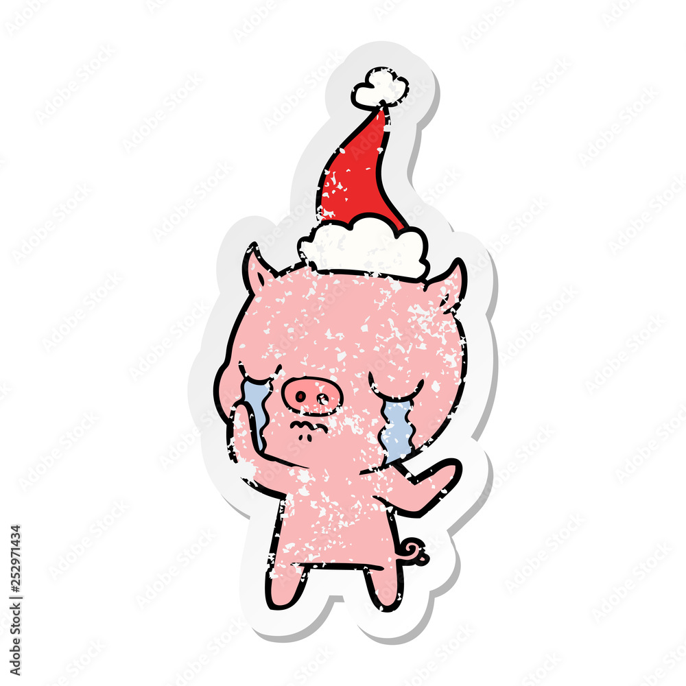 distressed sticker cartoon of a pig crying wearing santa hat distressed sticker cartoon of a pig crying wearing santa hat