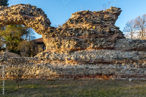 Sunset view of Ruins of fortifications in ancient Roman city of Diocletianopolis  town of Hisarya  Plovdiv Region  Bulgaria