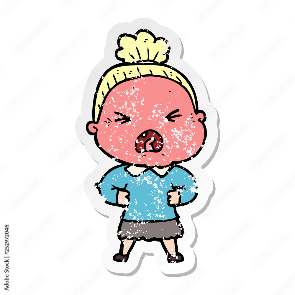 distressed sticker of a cartoon angry old woman distressed sticker of a cartoon angry old woman