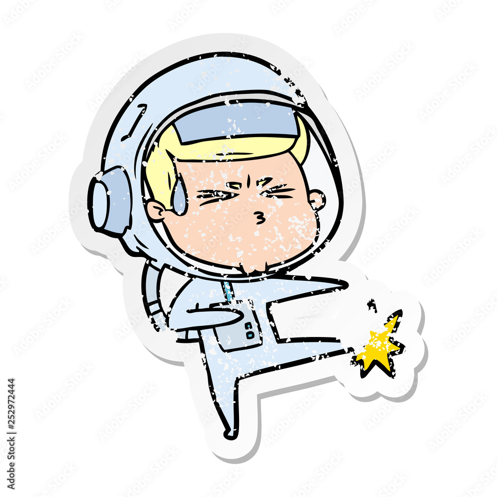 distressed sticker of a cartoon stressed astronaut distressed sticker of a cartoon stressed astronaut