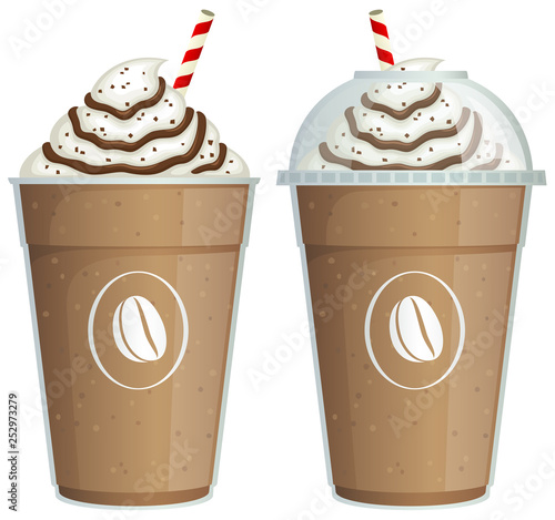 Vector illustration of a frappe coffee drink in a take-out cup, with and without a plastic lid.