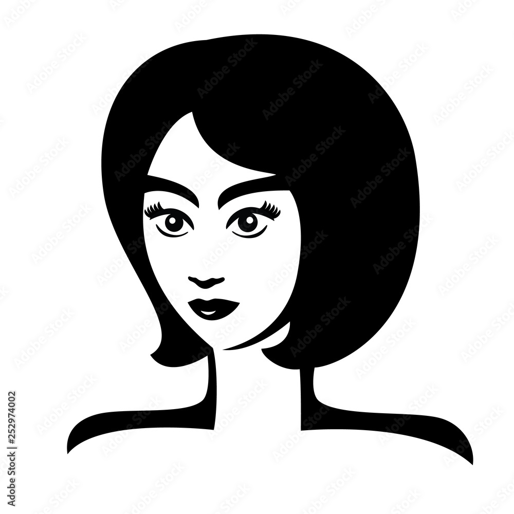 Vector Illustration of young face girl. Black and white portrait in a modern style design. Graphic icon of a women head. Vector Illustration of young face girl. Black and white portrait in a modern style design. Graphic icon of a women head.