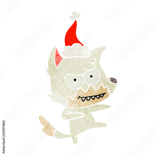 retro cartoon of a grinning fox wearing santa hat