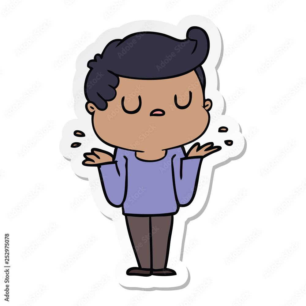 sticker of a cartoon aloof man shrugging shoulders