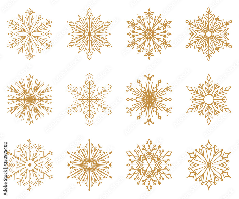 Snowflakes icon collection. Graphic modern gold ornament Snowflakes icon collection. Graphic modern gold ornament