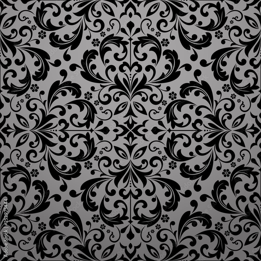 Wallpaper in the style of Baroque. Seamless vector background.Black floral ornament. Graphic pattern for fabric, wallpaper, packaging. Ornate Damask flower ornament
