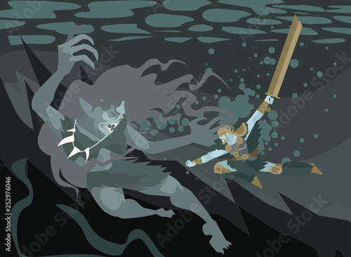 beowulf fighting the mother of grendel ogre underwater