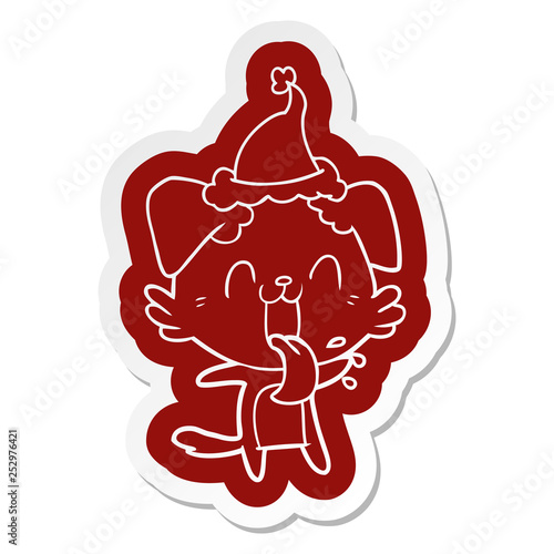 cartoon  sticker of a panting dog wearing santa hat