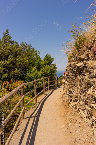 Italy, Cinque Terre, Corniglia, a path with trees on the side of a fence