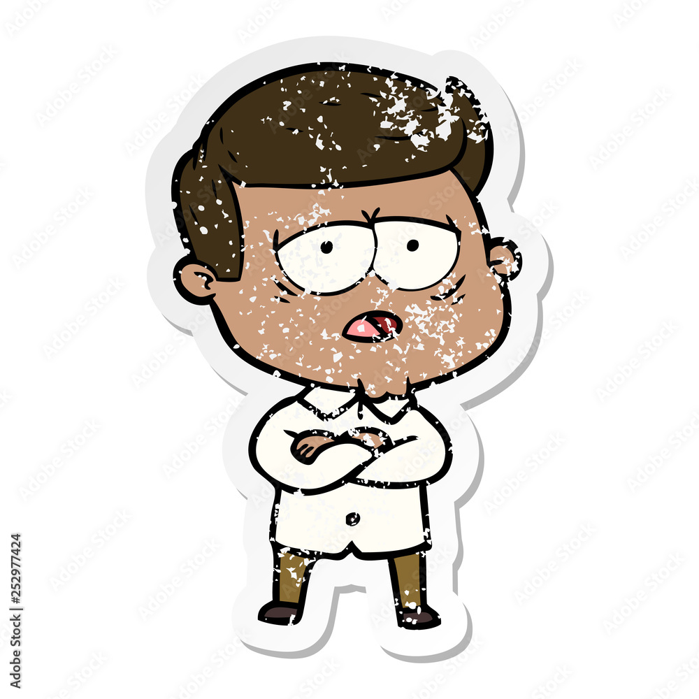 distressed sticker of a cartoon tired man distressed sticker of a cartoon tired man