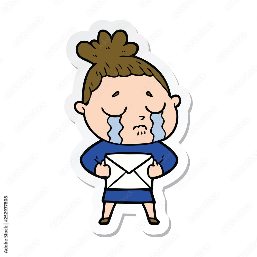 sticker of a cartoon crying woman with letter