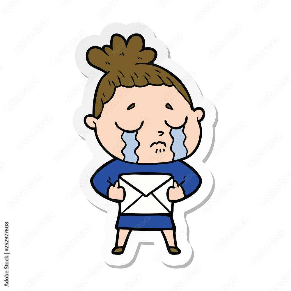 sticker of a cartoon crying woman with letter sticker of a cartoon crying woman with letter