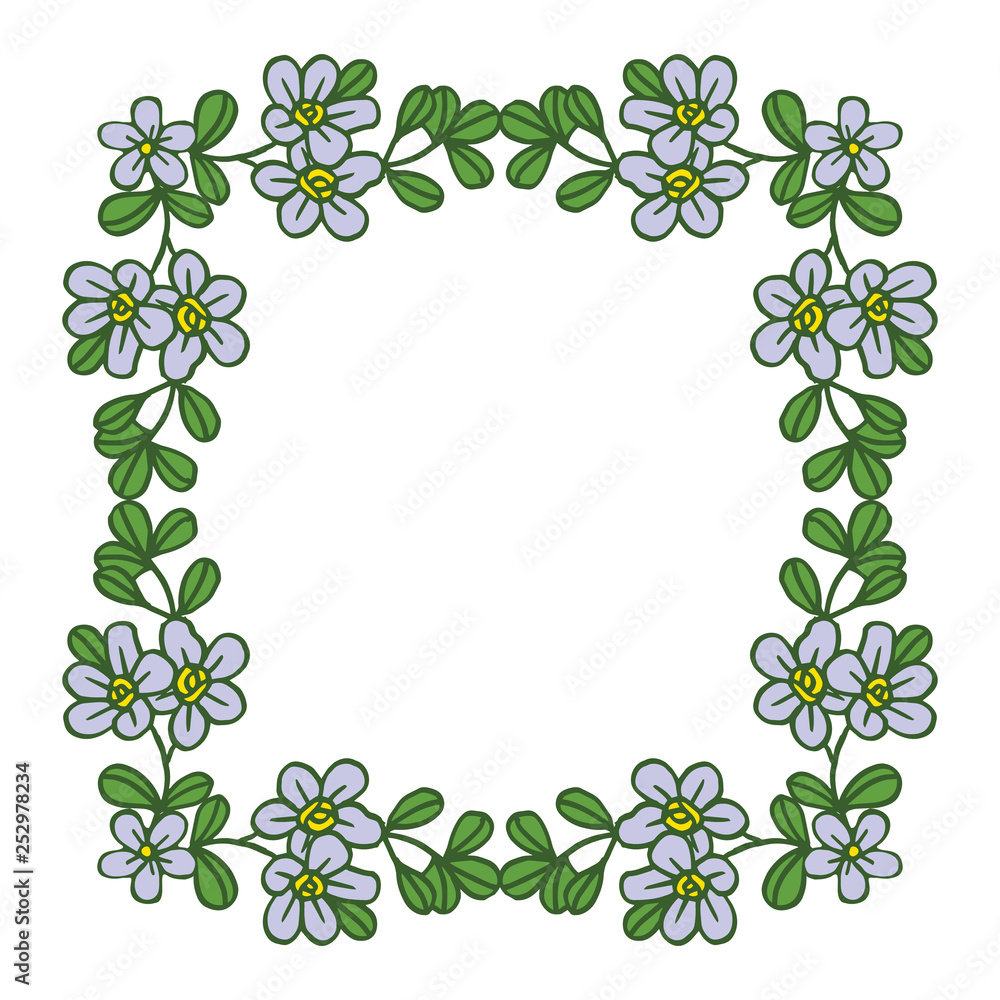 Vector illustration beautiful violet flower frame with leaf green hand drawn Vector illustration beautiful violet flower frame with leaf green hand drawn
