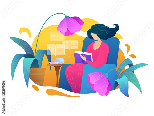 Love reading vector illustration in flat style. Young woman reading book on armchair at home. Intellectual hobby, distance studying and self education poster with female reader. Relaxation with book