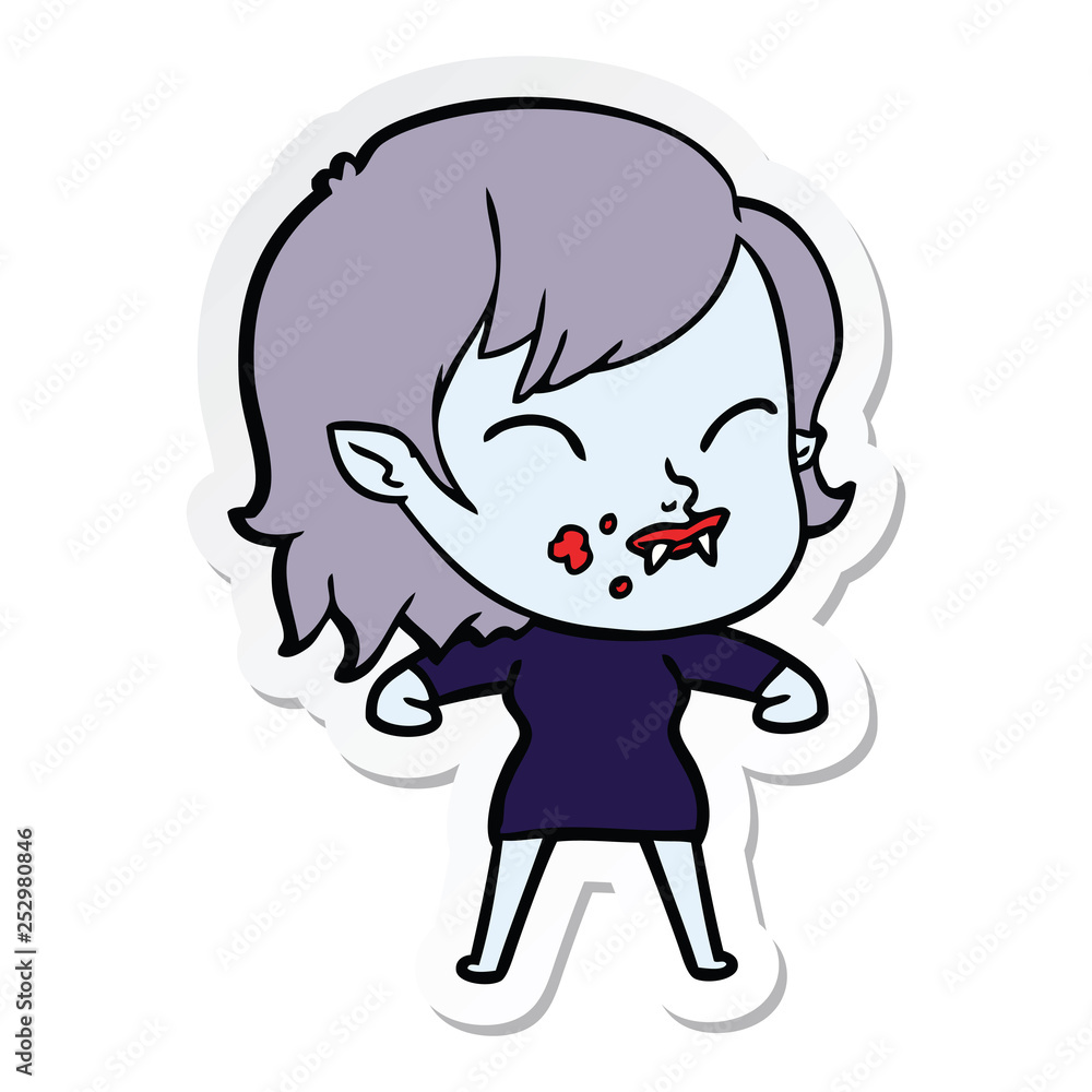 sticker of a cartoon vampire girl with blood on cheek sticker of a cartoon vampire girl with blood on cheek