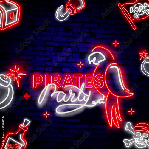 Pirates party Neon Text Vector. Pitate parrot neon icon, design template, modern trend design, night neon signboardVintage pirate emblem glowing neon photo