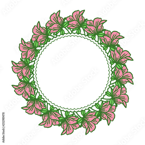 Vector illustration ornate frame wreath pink bloom hand drawn