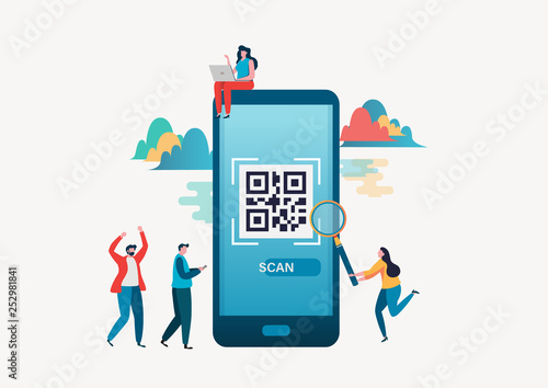 QR code scanning. People scan qr code for payment via smartphone. Flat vector illustration modern character design. Landing page,banner,flyer,poster,web page