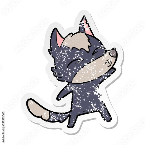 distressed sticker of a cartoon wolf pouting