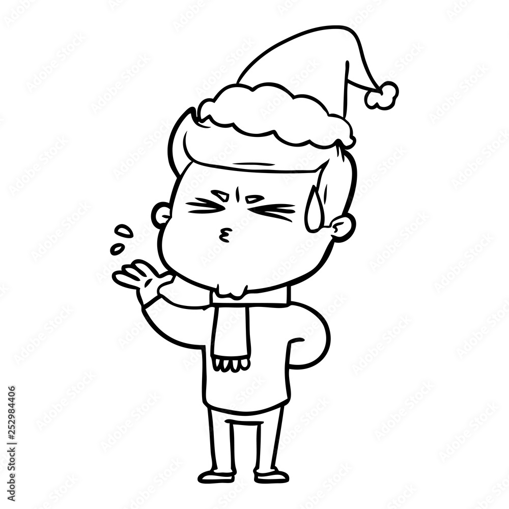 line drawing of a man sweating wearing santa hat line drawing of a man sweating wearing santa hat