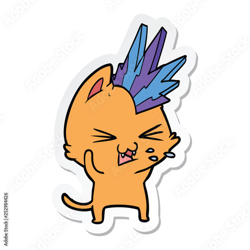 sticker of a cartoon punk rock cat hissing