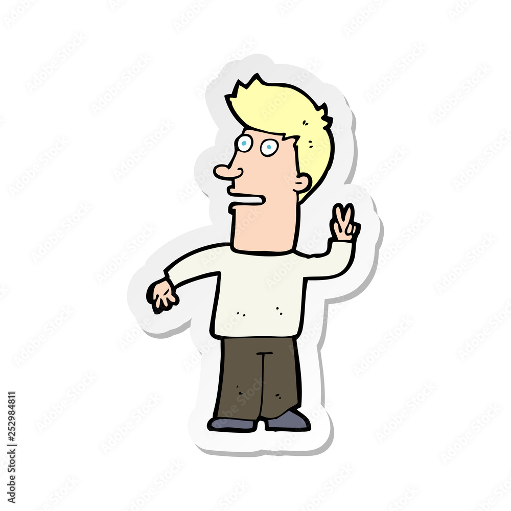 sticker of a cartoon man making peace sign