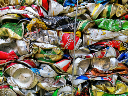 Bangkok, Thailand - September 20, 2018 : pile of old aluminum beverage cans prepare for recycle