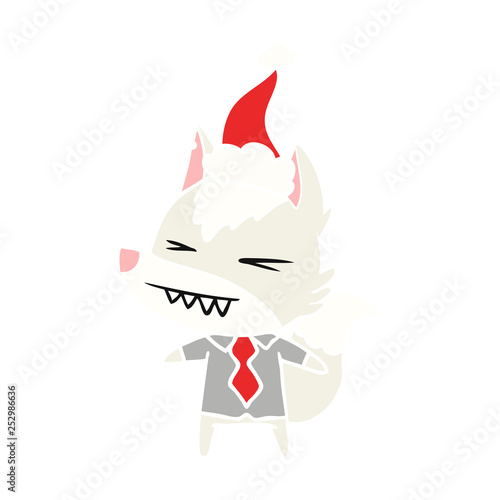 angry wolf boss flat color illustration of a wearing santa hat