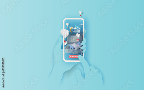 3D Paper art of bedroom in suitcase mobilephone hand concept your text space background.Illustration of idea design couch in bag.The moon at night.Beautiful shooting star light.balloon.vector.