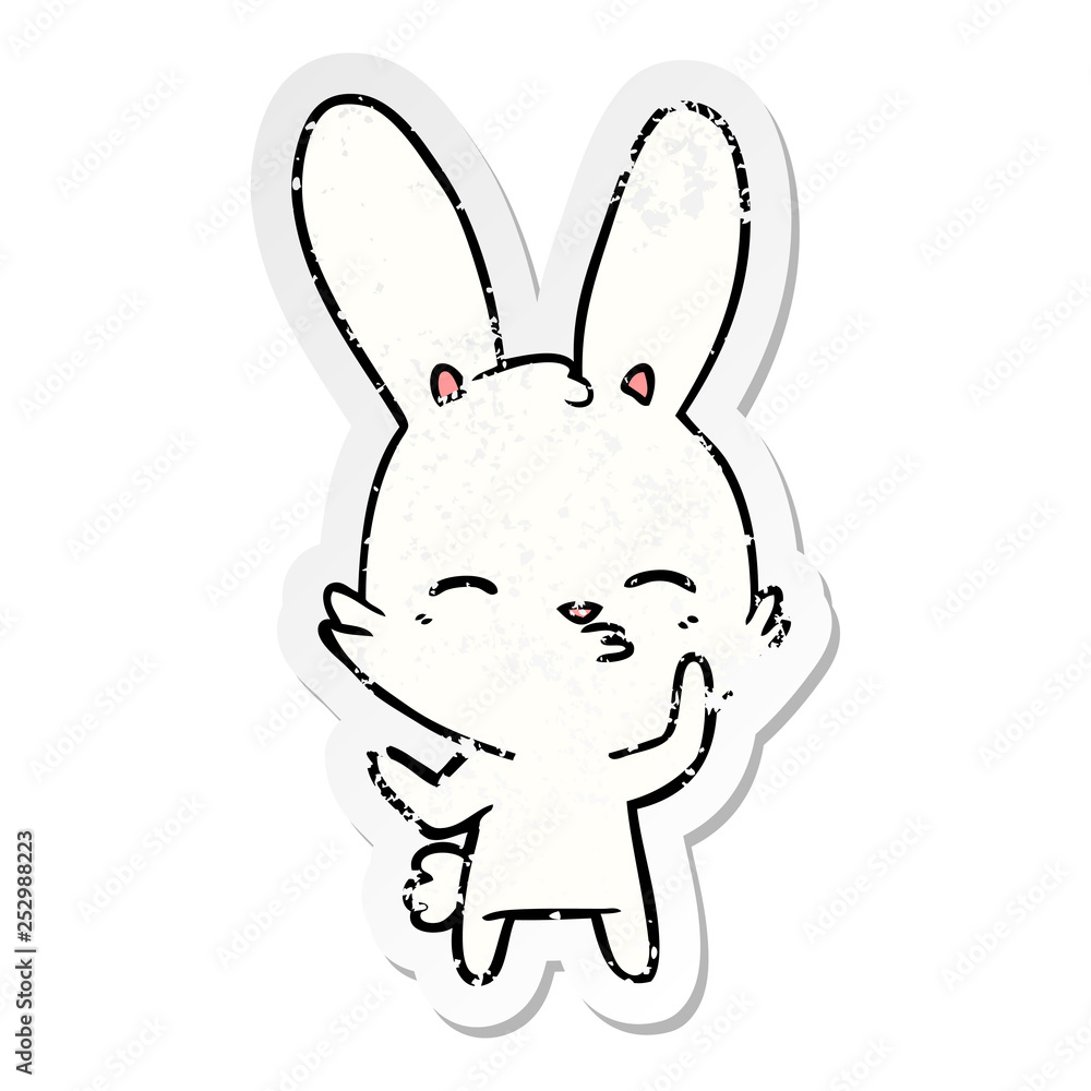 distressed sticker of a curious bunny cartoon