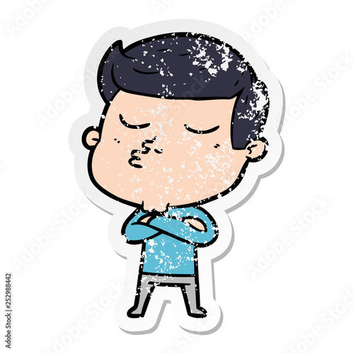 distressed sticker of a cartoon model guy pouting
