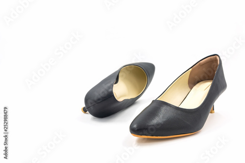 Black female high heeled leather shoes on white background.