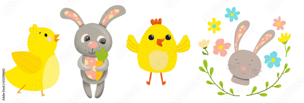 Naklejka premium cute easter characters. Chicken and bunny on a white background