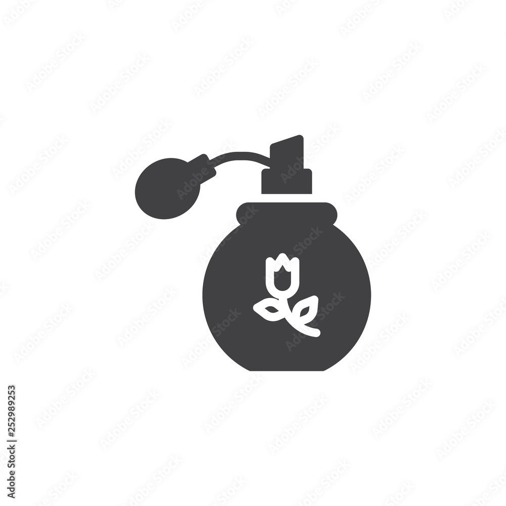 Obraz premium Perfume bottle with flower vector icon. filled flat sign for mobile concept and web design. Retro perfume glyph icon. Symbol, logo illustration. Pixel perfect vector graphics