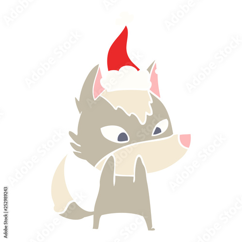 shy flat color illustration of a wolf wearing santa hat