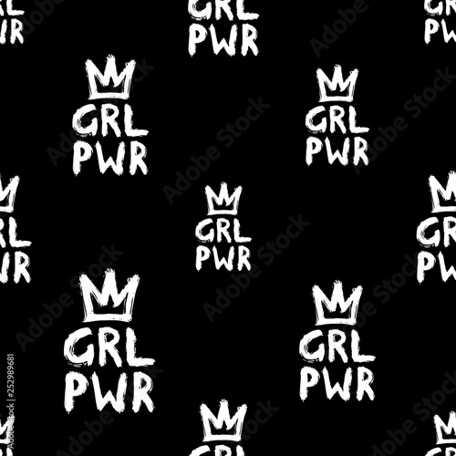 Girl power seamless pattern. Feminist vector illustration. Isolated on black background.