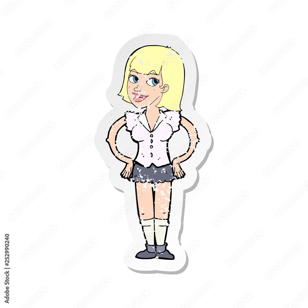 retro distressed sticker of a cartoon woman with hands on hips retro distressed sticker of a cartoon woman with hands on hips